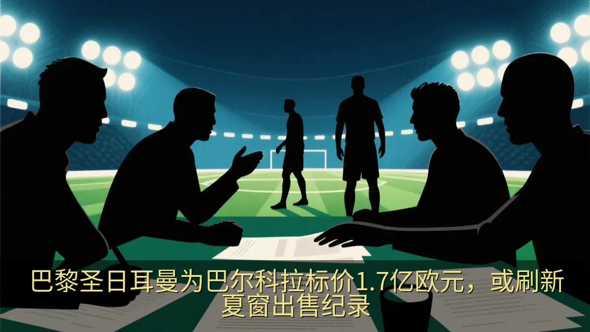 夜间足球场内的转会谈判概念画面，球员剪影与文件